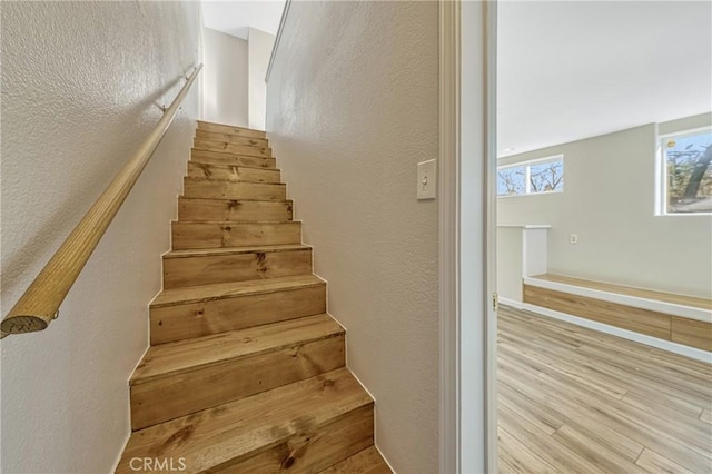 stairway featuring hardwood / wood-style flooring