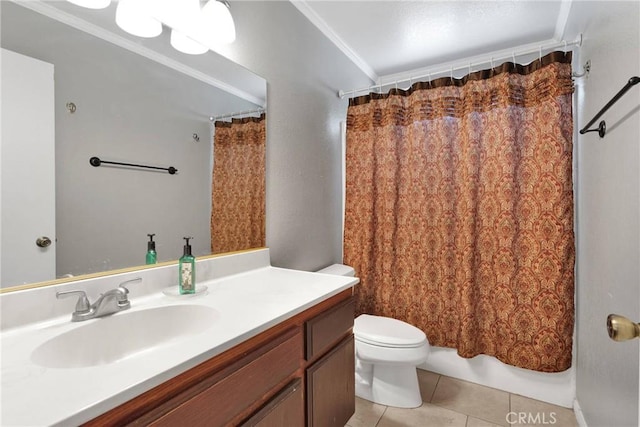 bathroom featuring walk in shower, vanity, toilet, and tile patterned flooring