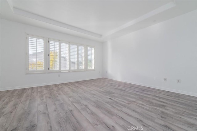 empty room with a raised ceiling and light hardwood / wood-style flooring