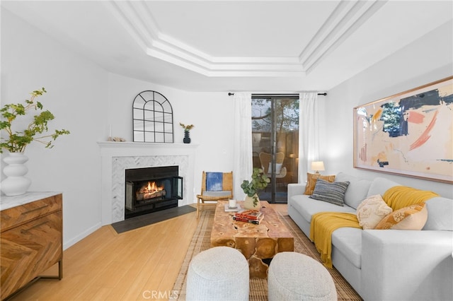 living room with a fireplace, light hardwood / wood-style flooring, ornamental molding, and a raised ceiling