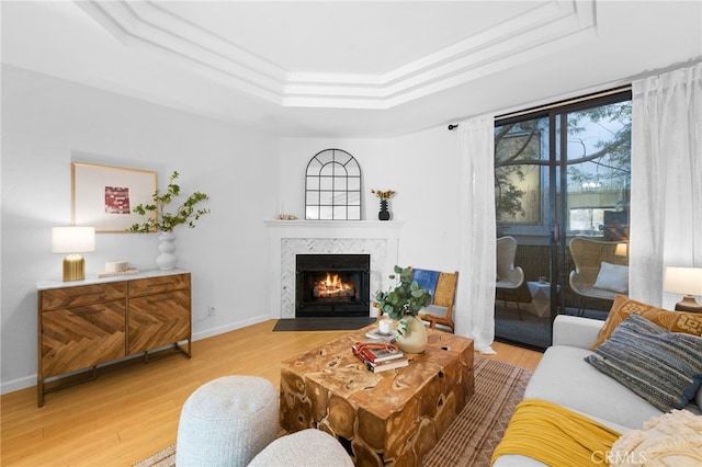 living room with hardwood / wood-style floors, a fireplace, and a tray ceiling