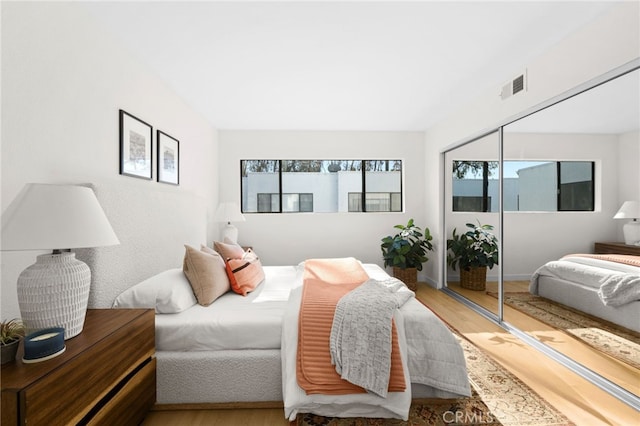 bedroom featuring wood-type flooring and a closet