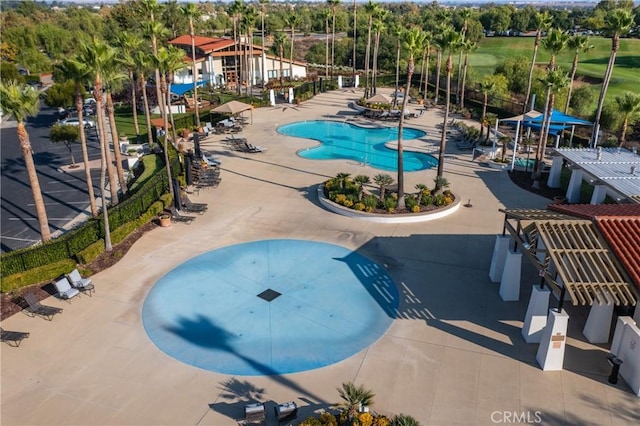 view of swimming pool featuring a patio and a pergola