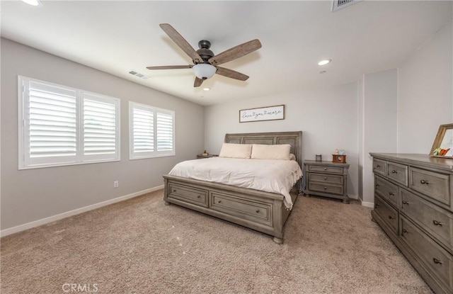 bedroom featuring recessed lighting, visible vents, light carpet, ceiling fan, and baseboards