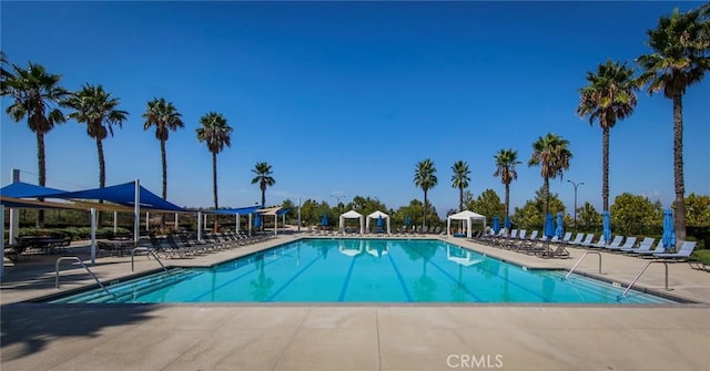 view of swimming pool featuring a gazebo and a patio area