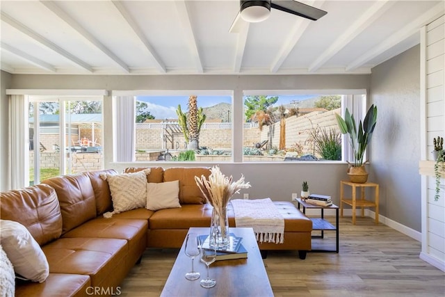 sunroom featuring ceiling fan and a wealth of natural light