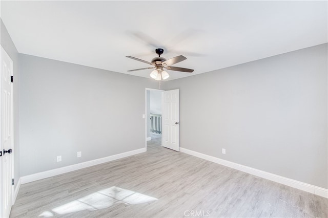 empty room featuring ceiling fan and light hardwood / wood-style flooring