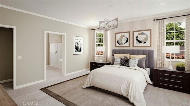 bedroom with multiple windows, ensuite bath, light hardwood / wood-style flooring, and ornamental molding