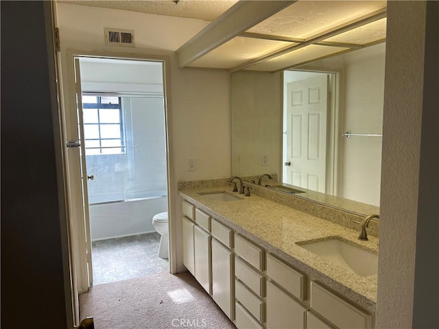 full bathroom with vanity, bathtub / shower combination, and toilet