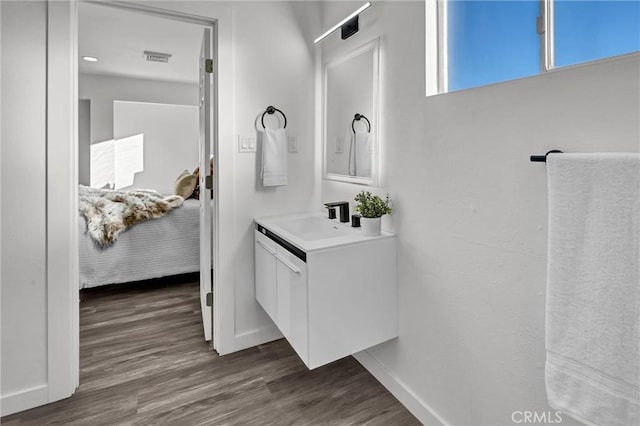 bathroom featuring hardwood / wood-style flooring and vanity