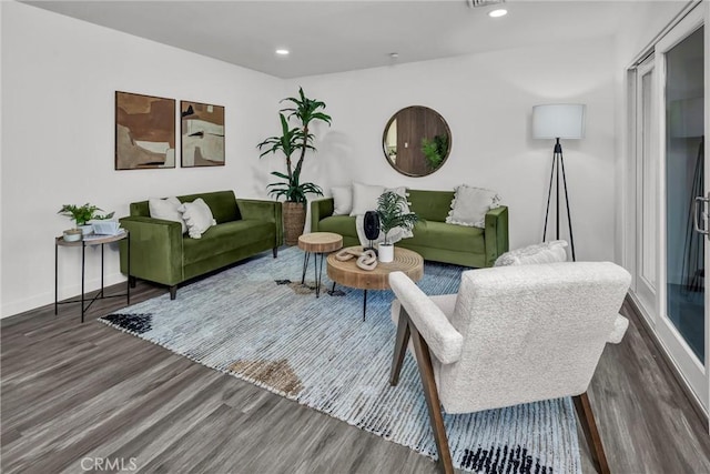 living room featuring dark wood-type flooring