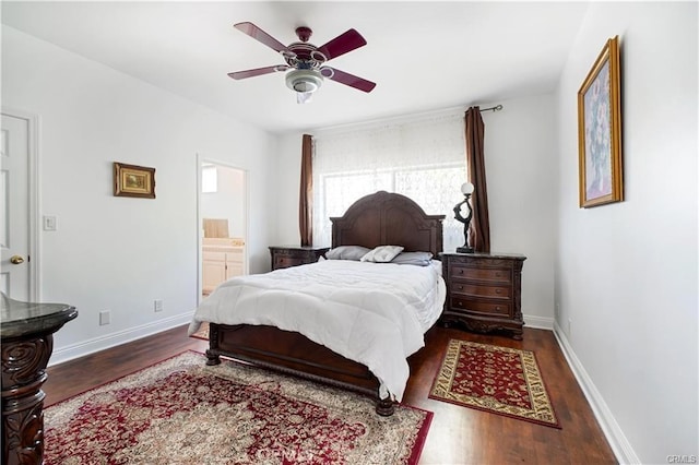 bedroom with dark hardwood / wood-style floors, ceiling fan, and ensuite bathroom