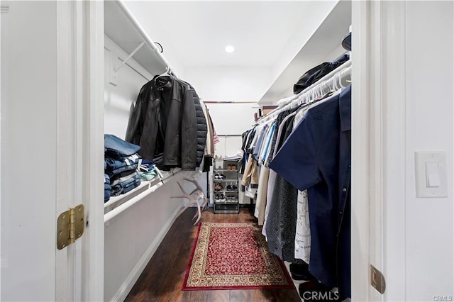 spacious closet with dark hardwood / wood-style flooring