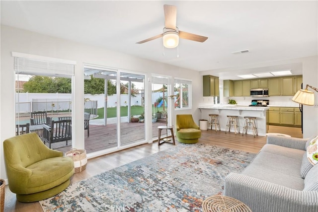 living room featuring ceiling fan and wood-type flooring