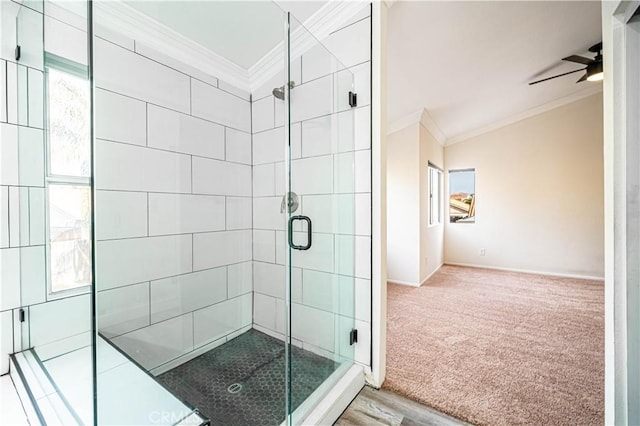 bathroom with ornamental molding, ceiling fan, and a shower with shower door