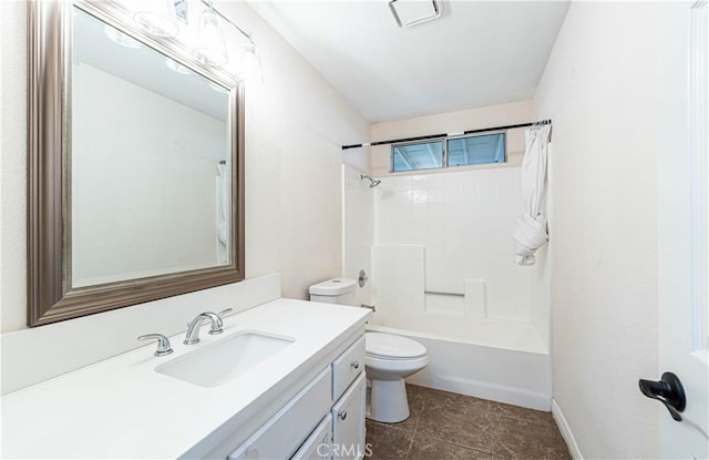 full bathroom featuring vanity, tub / shower combination, and toilet