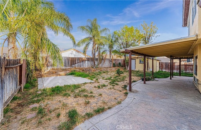 view of yard with a patio and a storage unit