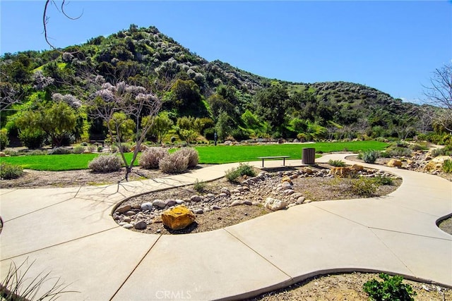 view of patio / terrace featuring a mountain view