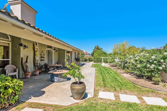 view of yard featuring a patio area and ceiling fan