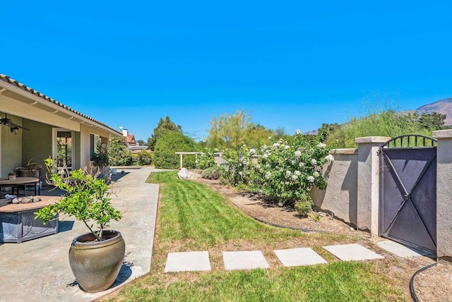 view of yard with a mountain view, ceiling fan, and a patio area