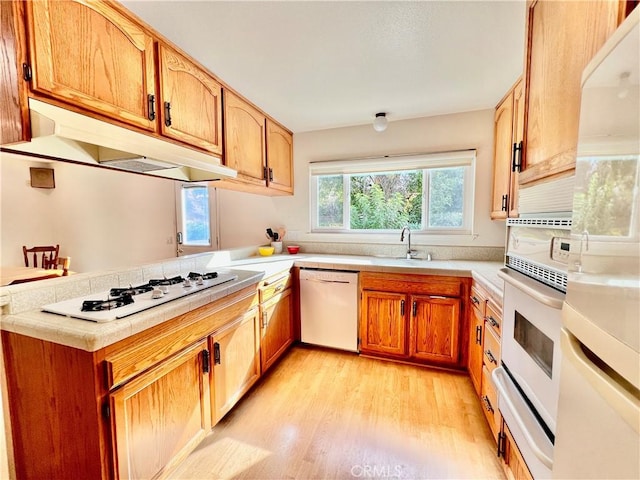 kitchen with light countertops, a peninsula, light wood-type flooring, white appliances, and under cabinet range hood