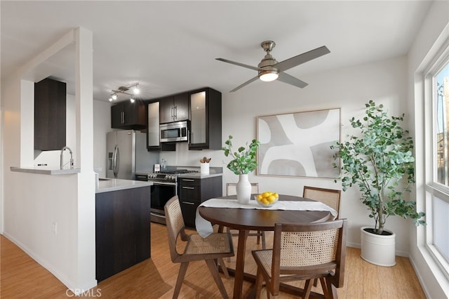 kitchen featuring stainless steel appliances, light hardwood / wood-style flooring, ceiling fan, and kitchen peninsula