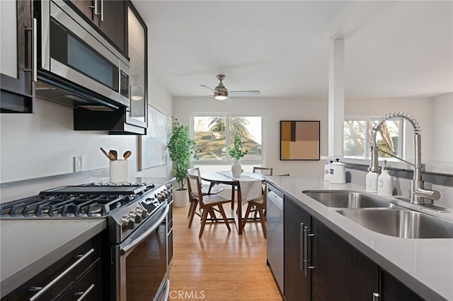 kitchen with appliances with stainless steel finishes, sink, light hardwood / wood-style flooring, and plenty of natural light