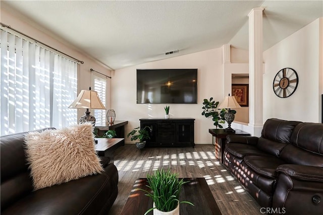 living room featuring lofted ceiling and hardwood / wood-style flooring