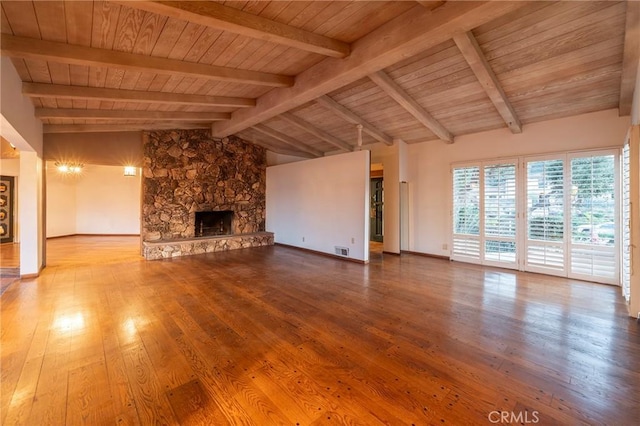 unfurnished living room with wood ceiling, a fireplace, lofted ceiling with beams, and hardwood / wood-style floors