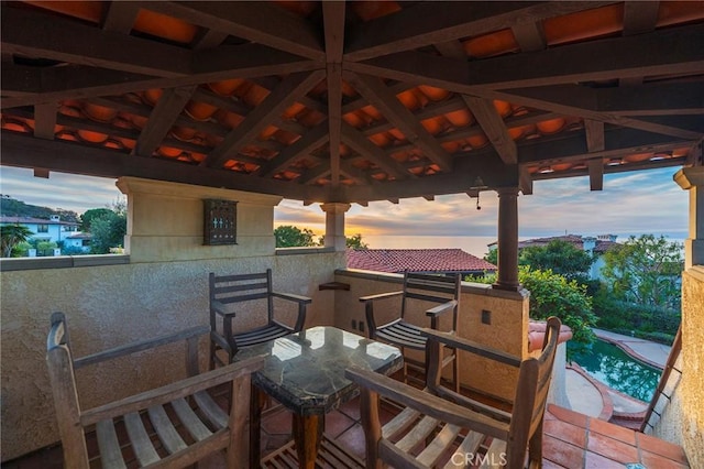 patio terrace at dusk with a gazebo