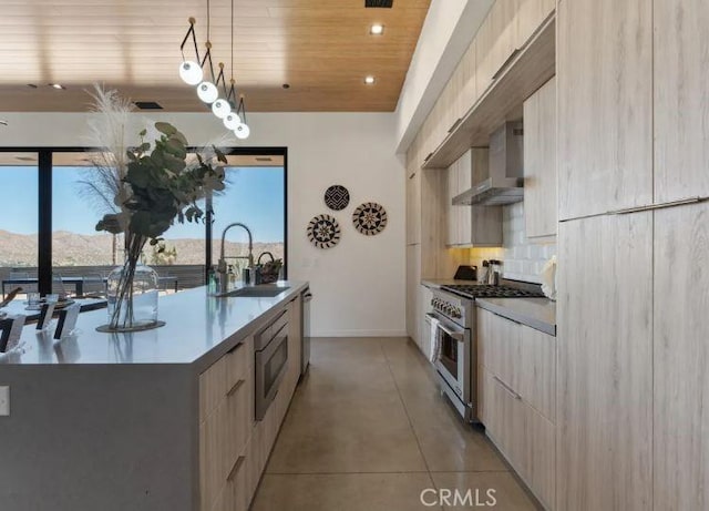 kitchen with appliances with stainless steel finishes, sink, a kitchen island with sink, wood ceiling, and wall chimney range hood