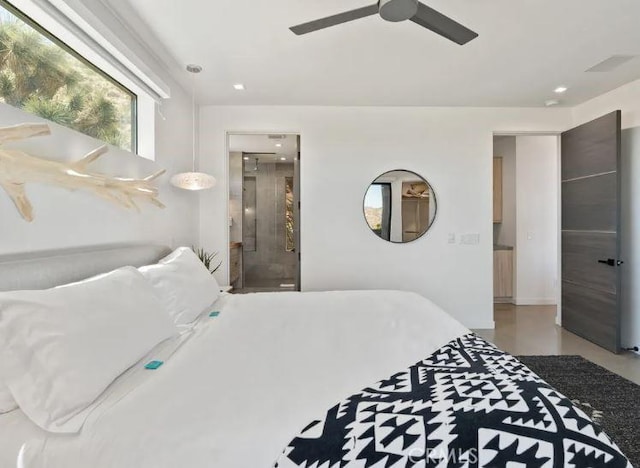 bedroom featuring ceiling fan and connected bathroom