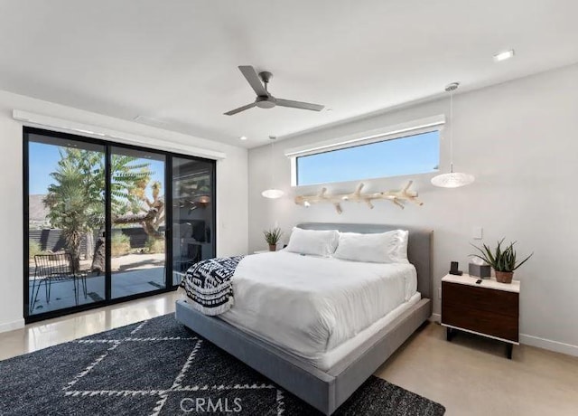 bedroom featuring access to outside and ceiling fan