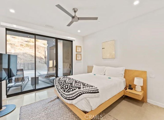 bedroom featuring access to outside and ceiling fan