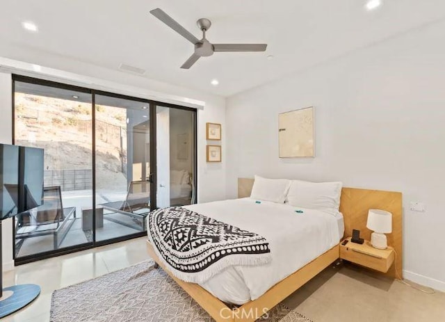 bedroom featuring access to exterior and ceiling fan