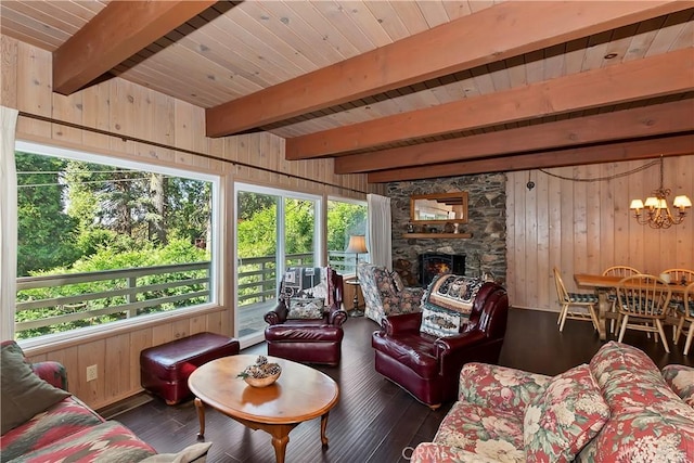 sunroom with an inviting chandelier, a fireplace, wood ceiling, and beam ceiling