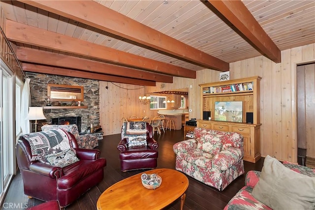 living room with a stone fireplace, dark wood-type flooring, wooden walls, and beam ceiling