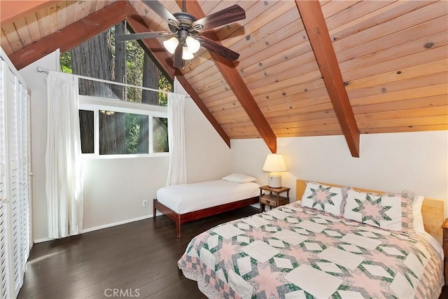 bedroom featuring multiple windows, vaulted ceiling with beams, wood ceiling, and ceiling fan