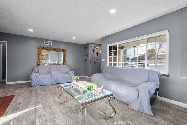 living room with hardwood / wood-style floors and a textured ceiling