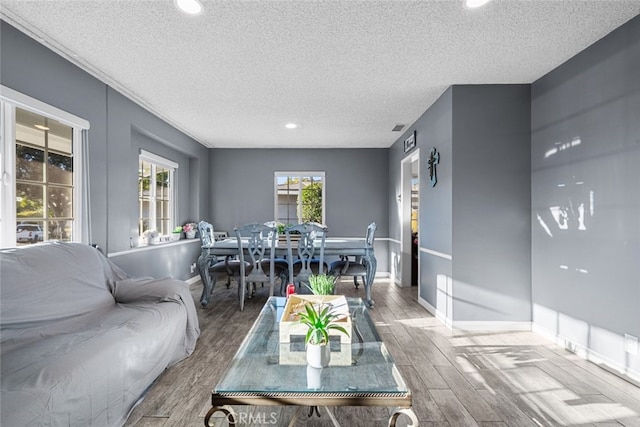 living room with a textured ceiling