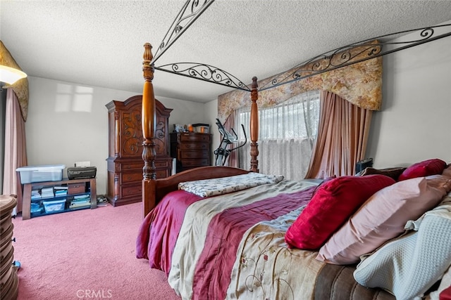 carpeted bedroom with a textured ceiling