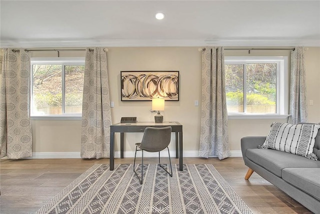 office featuring crown molding and light hardwood / wood-style flooring