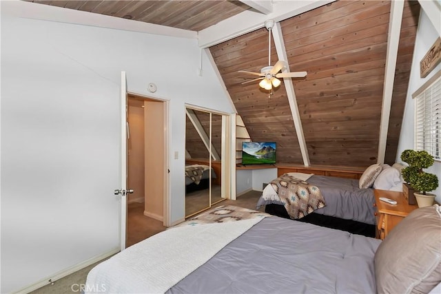 bedroom featuring ceiling fan, carpet floors, lofted ceiling with beams, and wooden ceiling