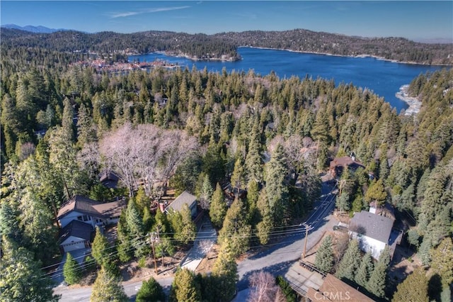 drone / aerial view featuring a water view and a view of trees