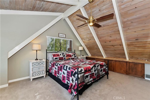 bedroom with ceiling fan, lofted ceiling with beams, light carpet, and wooden ceiling