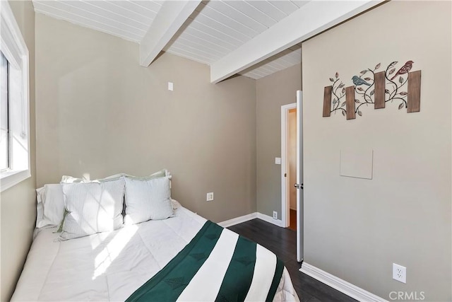 bedroom featuring wood ceiling, beam ceiling, and dark hardwood / wood-style floors