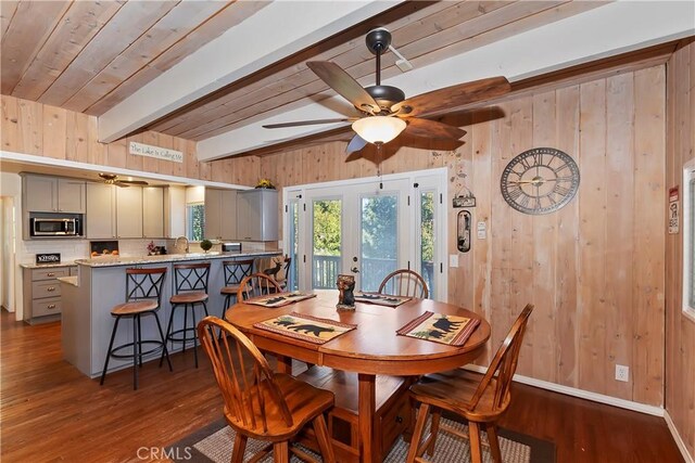 28621 Shenandoah Dr, Lake Arrowhead, CA 92352 - dining room with a ceiling fan, dark wood-style floors, wooden walls, and a wood ceiling with exposed beams