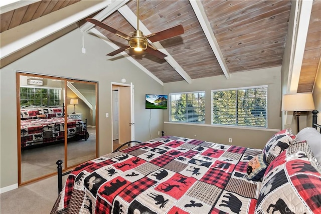 28621 Shenandoah Dr, Lake Arrowhead, CA 92352 - carpeted bedroom with wooden ceiling, ceiling fan, and two closets