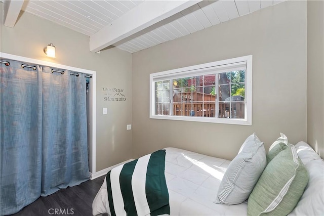 28621 Shenandoah Dr, Lake Arrowhead, CA 92352 - bedroom featuring beam ceiling and wood finished floors
