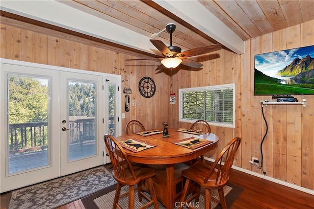 28621 Shenandoah Dr, Lake Arrowhead, CA 92352 - dining space featuring dark wood-style floors, a wood ceiling with exposed beams, wooden walls, french doors, and ceiling fan